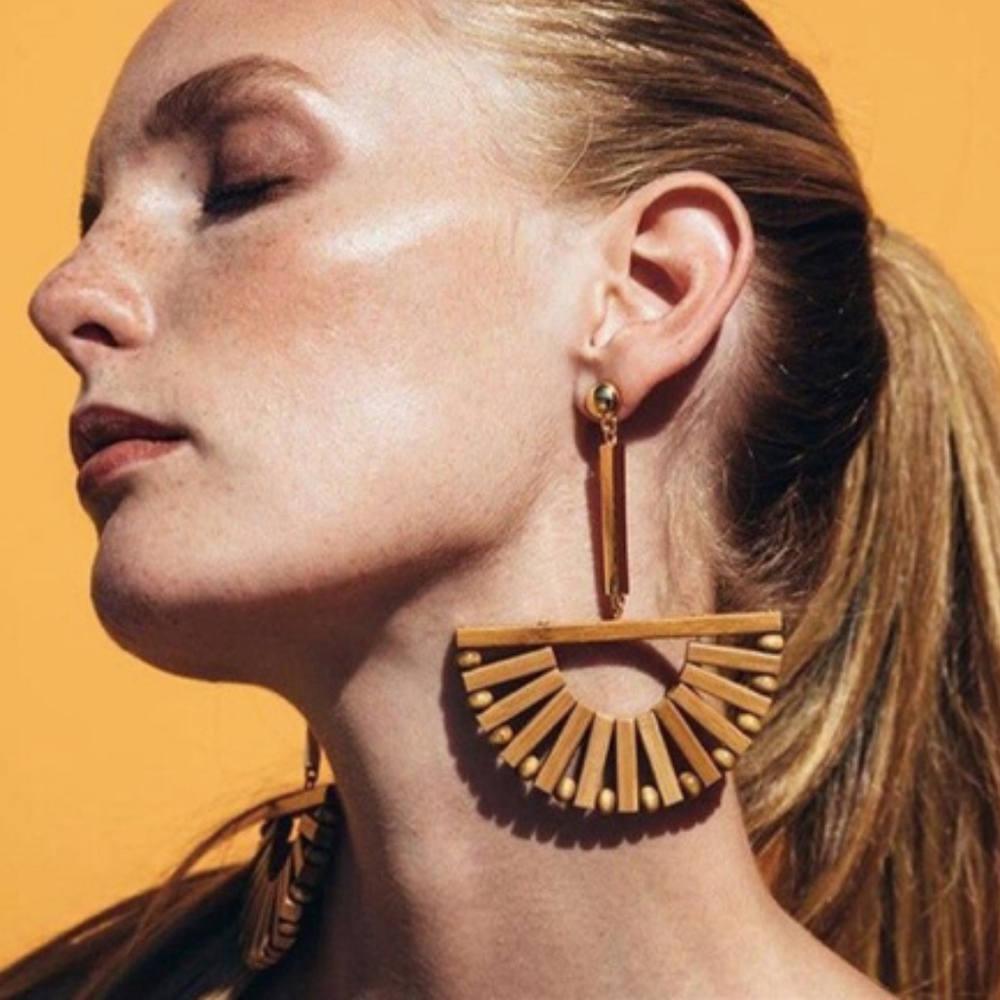 Half Moon Wooden Beaded Gold Bar Drop Earrings - Picture 7 of 8